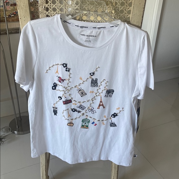 Karl Lagerfeld Paris White/Gold/Black "Paris Sites" Short Sleeve Tee Shirt - Picture 1 of 4